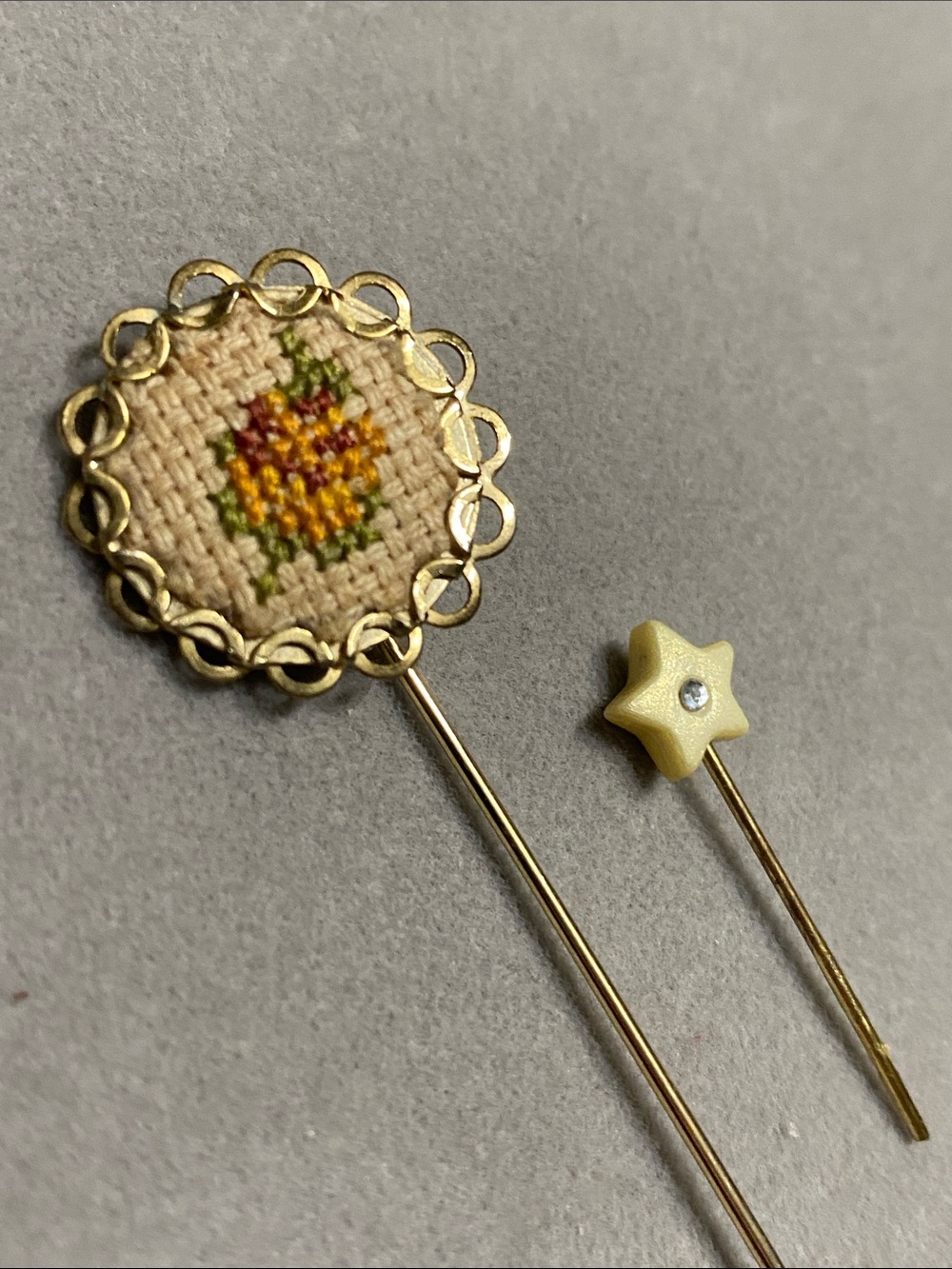Gold-Tone Floral Embroidered Stick Pin and Star Accent Pin - Picture 2 of 2